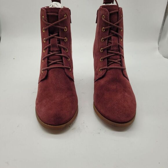 New DIBA Womens boot Size 6.5 burgundy red Suede leather wedge heel lace up - Picture 2 of 10